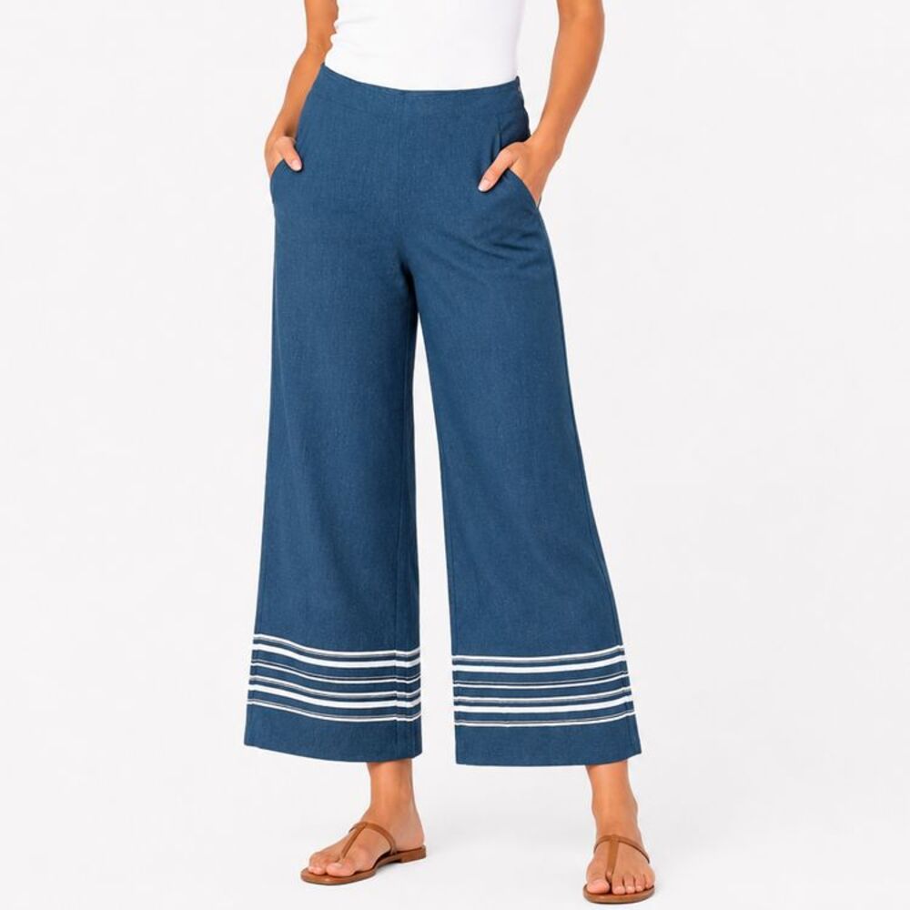 Ecru Womens Large Blue Linen Blend Wide Leg Cropped Pants Nautical Stripe Hem